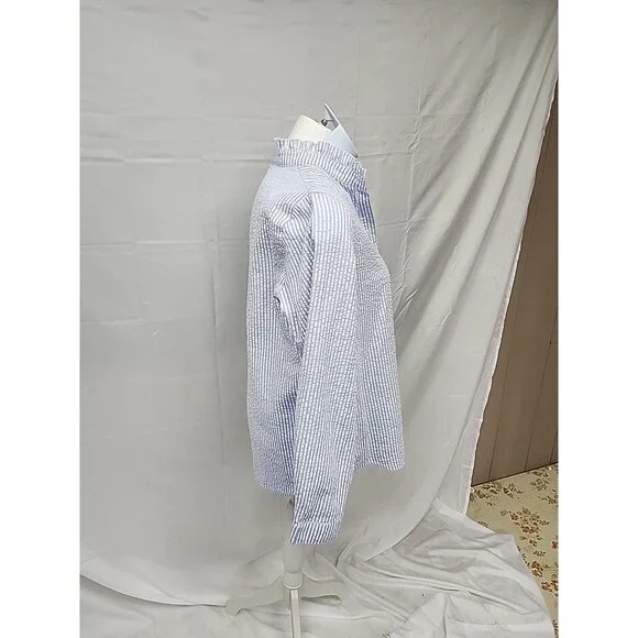 Women’s  Blue/White Striped Ruffle Detail  seersucker Button Up Blouse size XXL - Picture 5 of 9